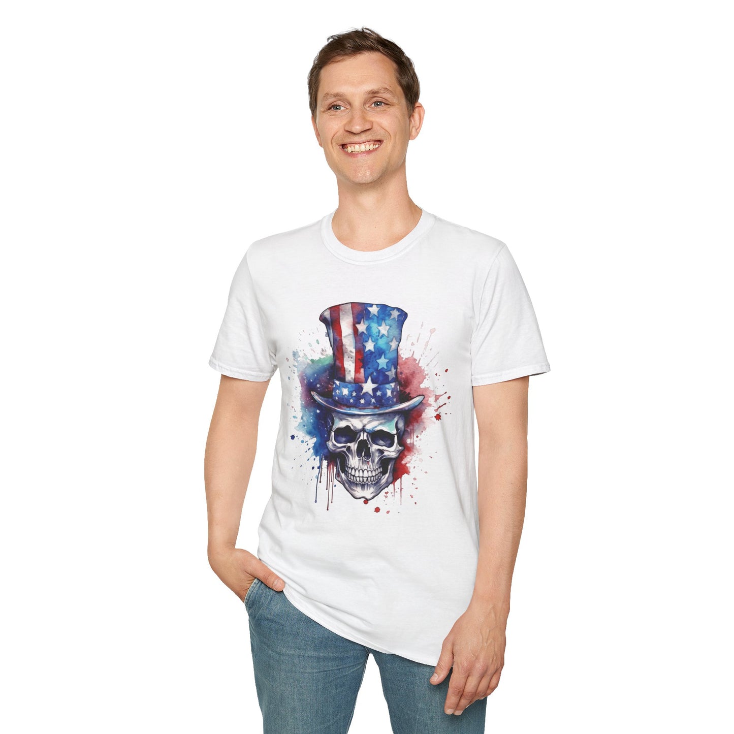 Patriotic Skull Top Hat - Unisex Softstyle T-Shirt - OCDandApparel