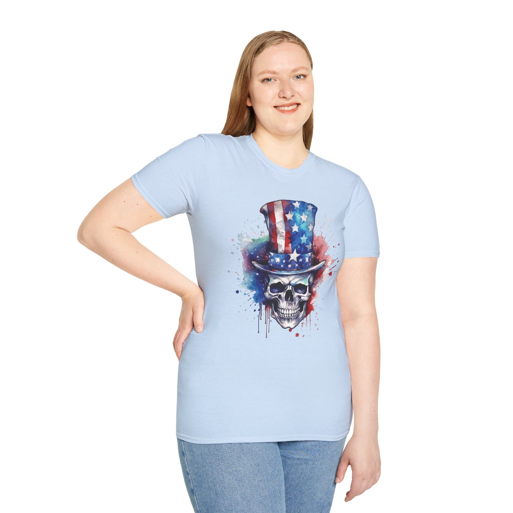 Patriotic Skull Top Hat - Unisex Softstyle T-Shirt - OCDandApparel