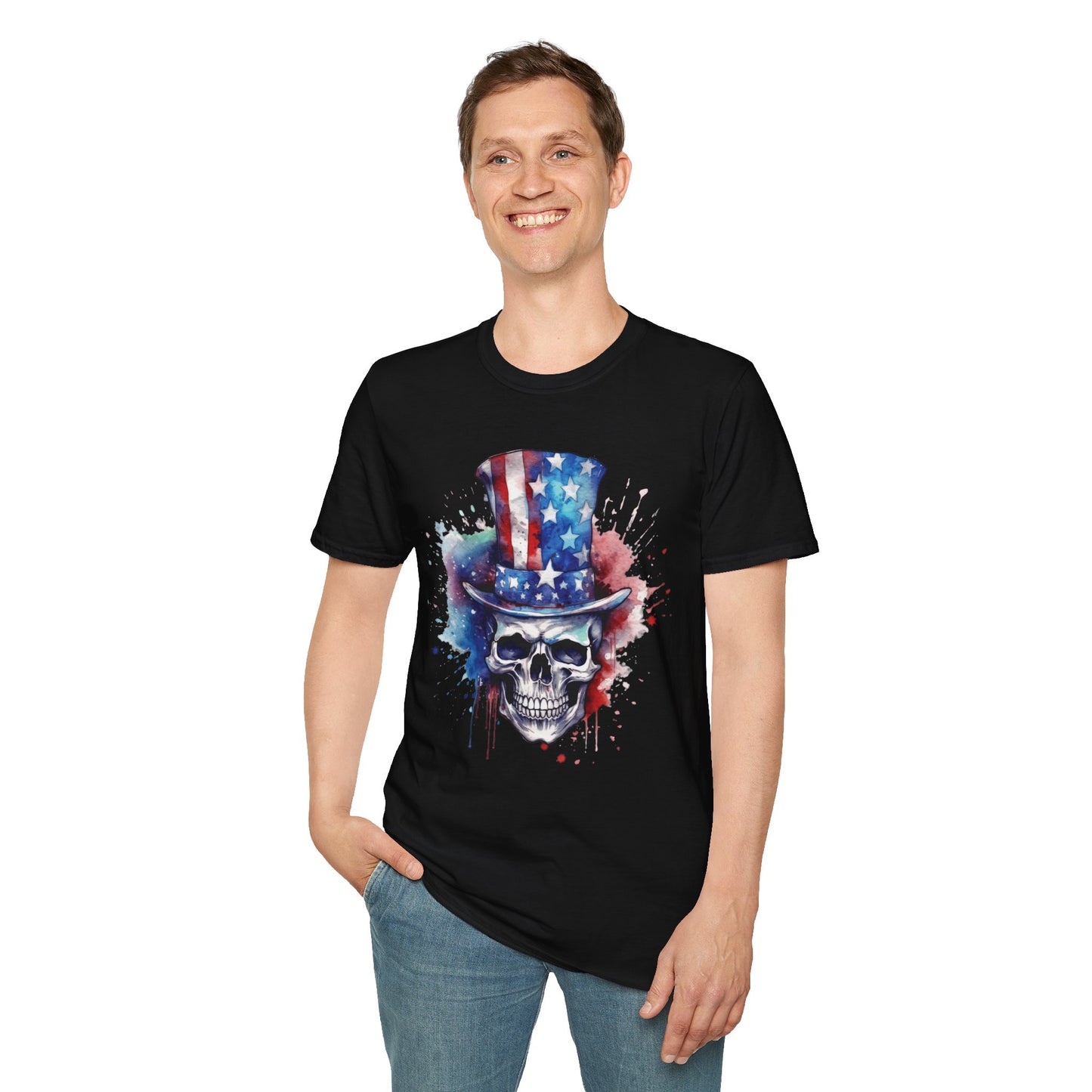 Patriotic Skull Top Hat - Unisex Softstyle T-Shirt - OCDandApparel