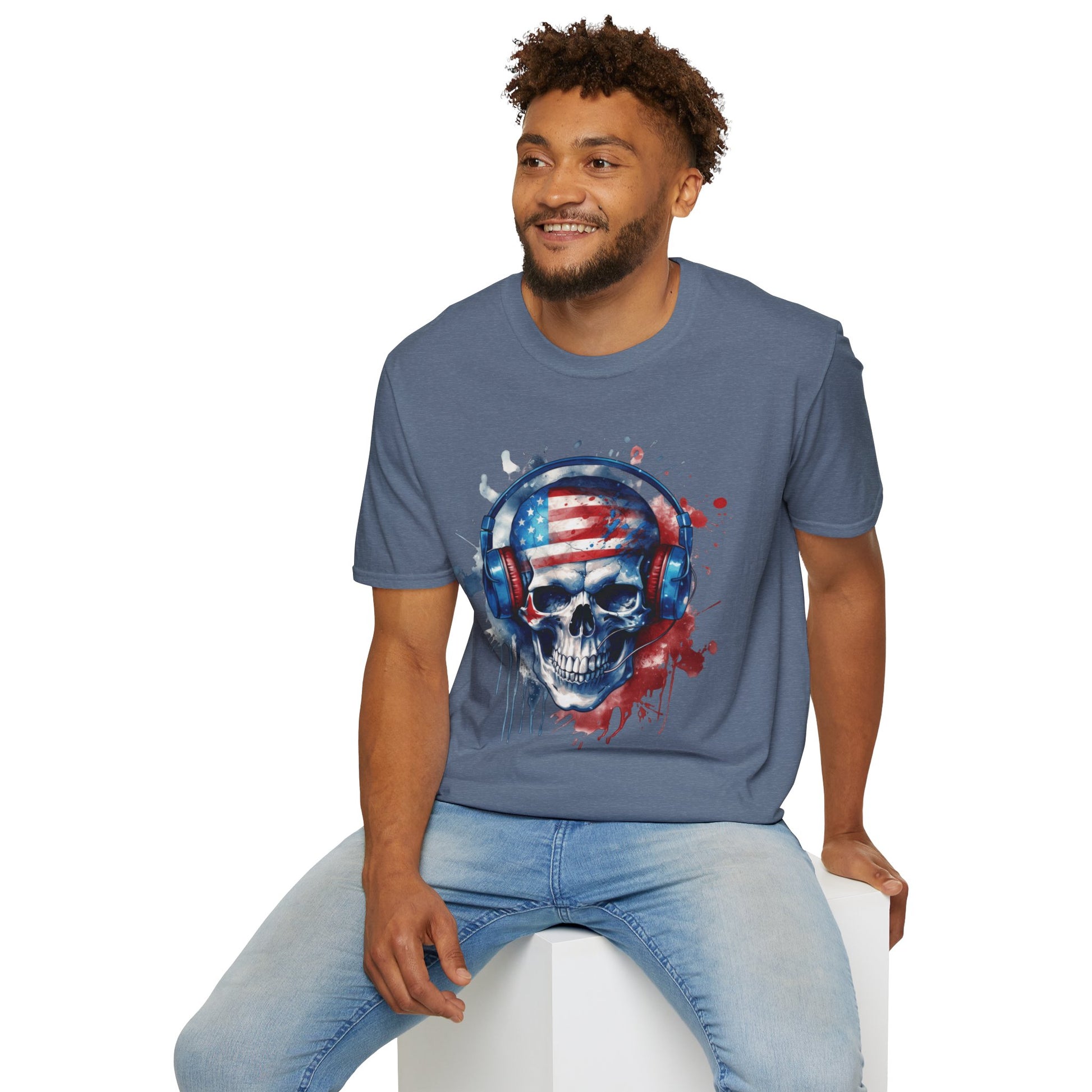 Patriotic Skull Headphones - Unisex Softstyle T-Shirt - OCDandApparel