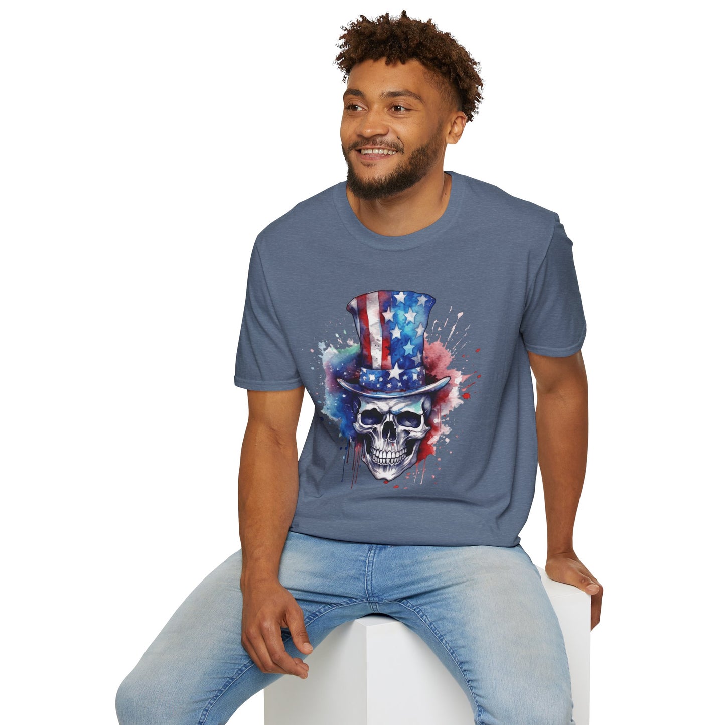 Patriotic Skull Top Hat - Unisex Softstyle T-Shirt - OCDandApparel