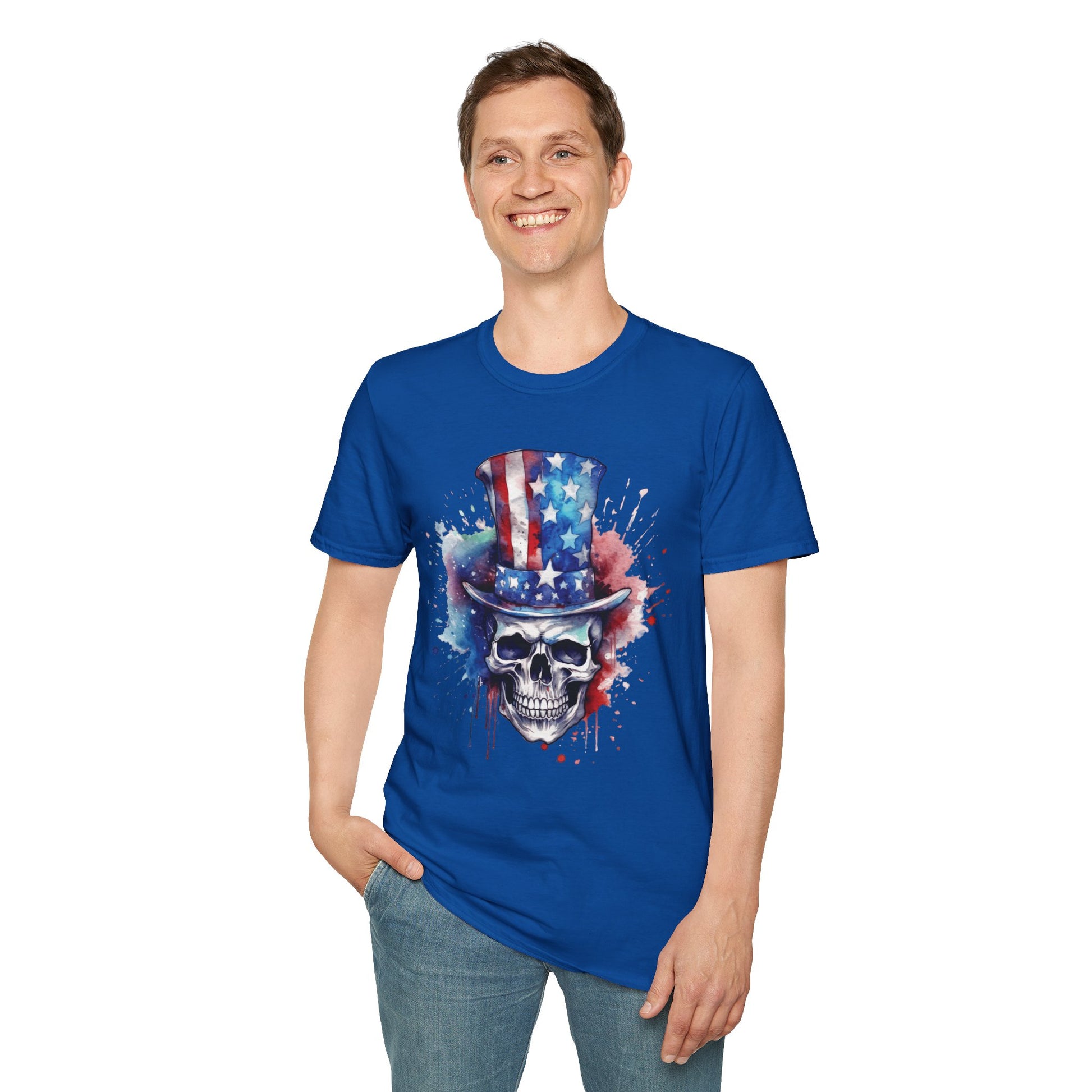 Patriotic Skull Top Hat - Unisex Softstyle T-Shirt - OCDandApparel