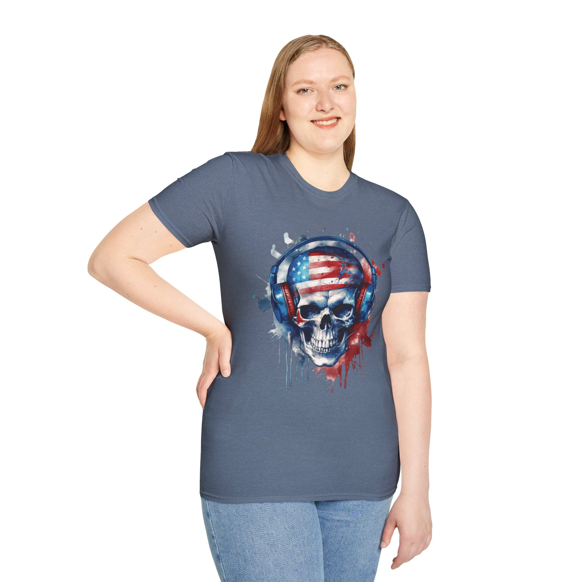 Patriotic Skull Headphones - Unisex Softstyle T-Shirt - OCDandApparel