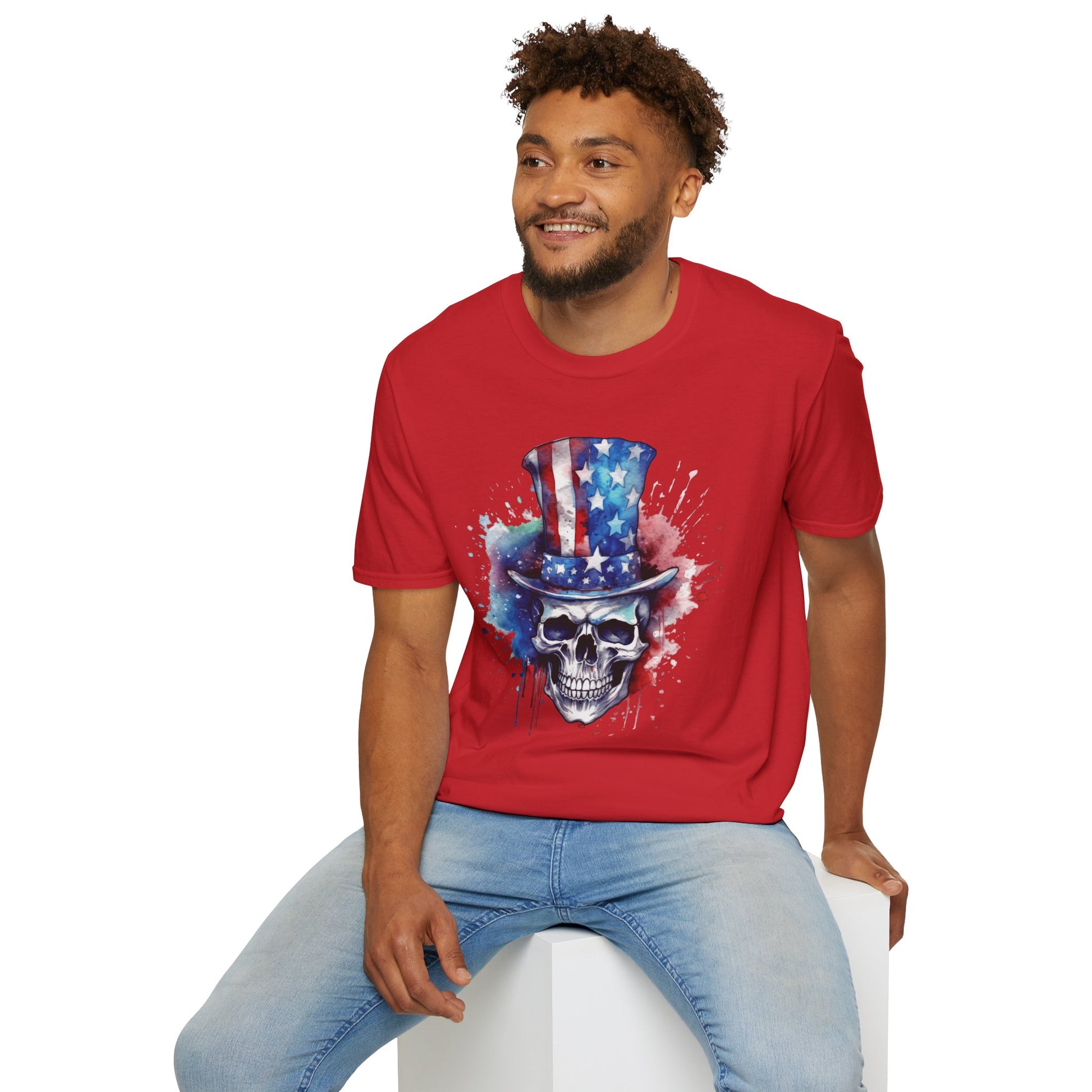 Patriotic Skull Top Hat - Unisex Softstyle T-Shirt - OCDandApparel