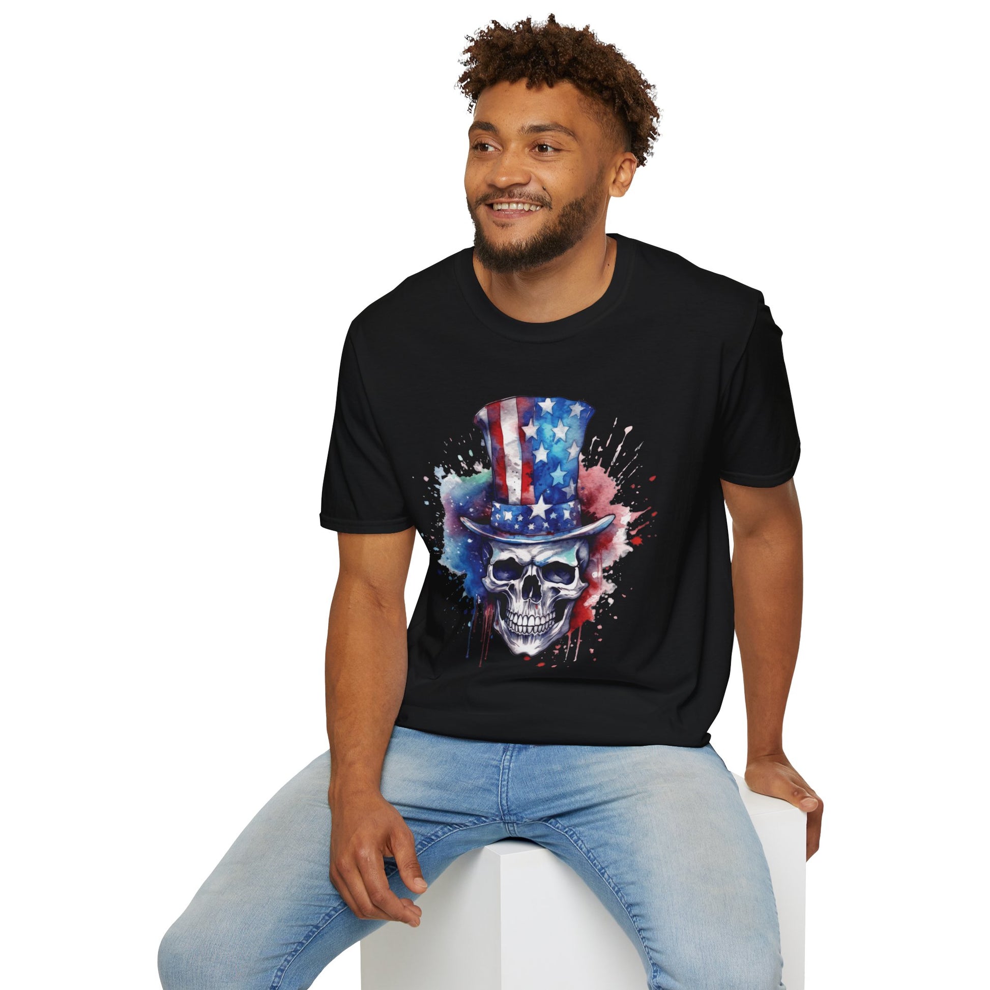 Patriotic Skull Top Hat - Unisex Softstyle T-Shirt - OCDandApparel